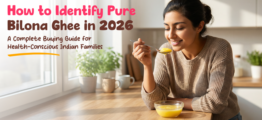 Authentic Bilona ghee buying guide 2026 banner with woman tasting natural A2 ghee at home