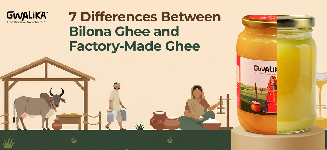 Comparison of Bilona ghee and factory-made ghee showing traditional churning method, rich texture, and nutritional differences
